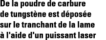 De la poudre de carbure de tungstène est déposée sur le tranchant de la lame à l'aide d'un puissant laser