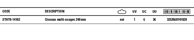 Code,Description, ,UV,UC,UU, ,STHT0-14102,Ciseaux multi-usages 240 mm,oui,1,6,36,3253560141028