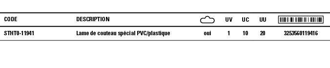 Code,Description, ,UV,UC,UU, ,STHT0-11941,Lame de couteau spécial PVC plastique,oui,1,10,20,3253560119416