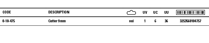 Code,Description, ,UV,UC,UU, ,0-10-475,Cutter 9 mm,oui,1,6,36,3253560104757