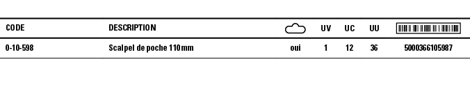 Code,Description, ,UV,UC,UU, ,0-10-598,Scalpel de poche 110 mm,oui,1,12,36,5000366105987