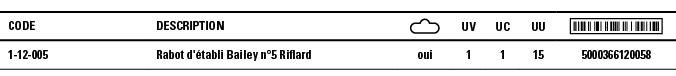 Code,Description, ,UV,UC,UU, ,1-12-005,Rabot d'établi Bailey n 5 Riflard,oui,1,1,15,5000366120058