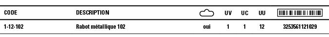 Code,Description, ,UV,UC,UU, ,1-12-102,Rabot métallique 102,oui,1,1,12,3253561121029