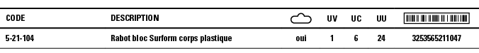 Code,Description, ,UV,UC,UU, ,5-21-104,Rabot bloc Surform corps plastique,oui,1,6,24,3253565211047