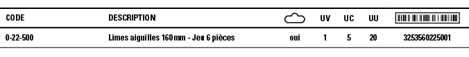 Code,Description, ,UV,UC,UU, ,0-22-500,Limes aiguilles 160 mm - Jeu 6 pièces,oui,1,5,20,3253560225001