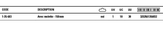 Code,Description, ,UV,UC,UU, ,1-35-603,Avec molette - 150 mm,oui,1,10,30,3253561356032