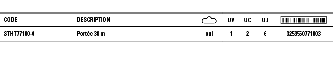 Code,Description, ,UV,UC,UU, ,STHT77100-0,Portée 30 m ,oui,1,2,6,3253560771003