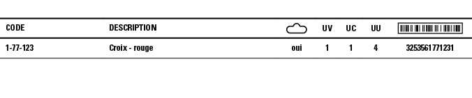 Code,Description, ,UV,UC,UU, ,1-77-123,Croix - rouge,oui,1,1,4,3253561771231