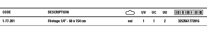 Code,Description, ,UV,UC,UU, ,1-77-201,Filetage 1 4   - 60 à 154 cm,oui,1,1,2,3253561772016