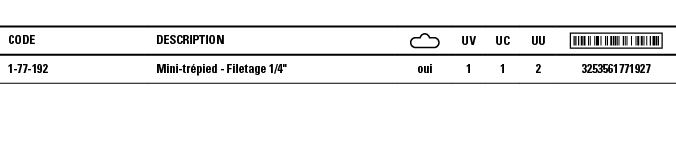 Code,Description, ,UV,UC,UU, ,1-77-192,Mini-trépied - Filetage 1 4  ,oui,1,1,2,3253561771927