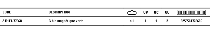 Code,Description, ,UV,UC,UU, ,STHT1-77368,Cible magnétique verte,oui,1,1,2,3253561773686