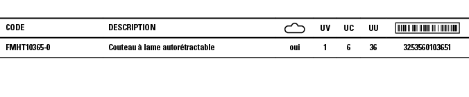 Code,Description, ,UV,UC,UU, ,FMHT10365-0,Couteau à lame autorétractable,oui,1,6,36,3253560103651