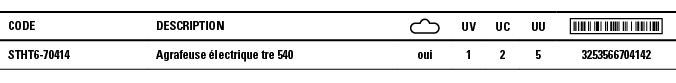 Code,Description, ,UV,UC,UU, ,STHT6-70414,Agrafeuse électrique tre 540,oui,1,2,5,3253566704142