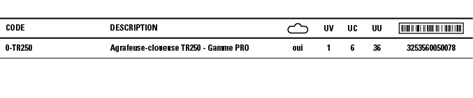 Code,Description, ,UV,UC,UU, ,0-TR250,Agrafeuse-cloueuse TR250 - Gamme PRO,oui,1,6,36,3253560050078