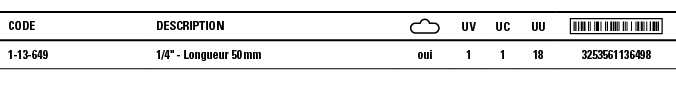 Code,Description, ,UV,UC,UU, ,1-13-649,1 4   - Longueur 50 mm,oui,1,1,18,3253561136498