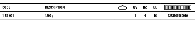 Code,Description, ,UV,UC,UU, ,1-56-001,1300 g ,-,1,4,16,3253561560019