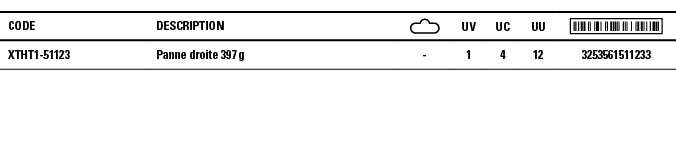 Code,Description, ,UV,UC,UU, ,XTHT1-51123,Panne droite 397 g,-,1,4,12,3253561511233