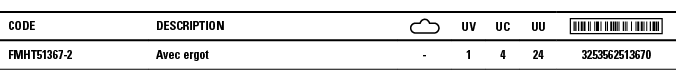 Code,Description, ,UV,UC,UU, ,FMHT51367-2,Avec ergot,-,1,4,24,3253562513670