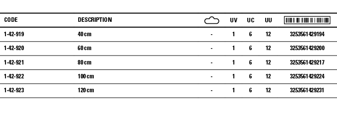 Code,Description, ,UV,UC,UU, ,1-42-919,40 cm,-,1,6,12,3253561429194,1-42-920,60 cm,-,1,6,12,3253561429200,1-42-921,80   