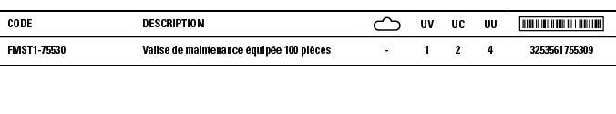 Code,Description, ,UV,UC,UU, ,FMST1-75530,Valise de maintenance équipée 100 pièces,-,1,2,4,3253561755309