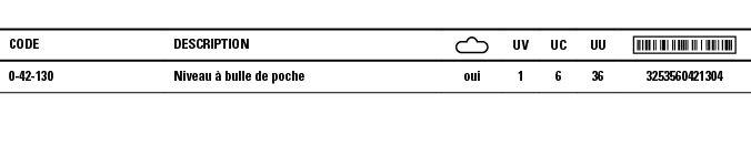 Code,Description, ,UV,UC,UU, ,0-42-130,Niveau à bulle de poche,oui,1,6,36,3253560421304