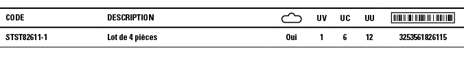 Code,Description, ,UV,UC,UU, ,STST82611-1,Lot de 4 pièces,Oui,1,6,12,3253561826115