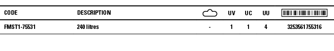 Code,Description, ,UV,UC,UU, ,FMST1-75531,240 litres,-,1,1,4,3253561755316