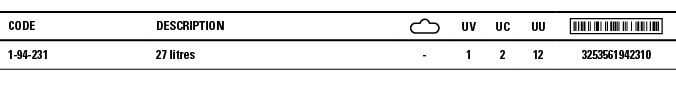 Code,Description, ,UV,UC,UU, ,1-94-231,27 litres,-,1,2,12,3253561942310