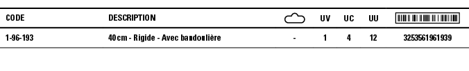 Code,Description, ,UV,UC,UU, ,1-96-193,40 cm - Rigide - Avec bandoulière,-,1,4,12,3253561961939