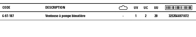 Code,Description, ,UV,UC,UU, ,6-97-187,Ventouse à pompe bimatière,-,1,2,20,3253566971872