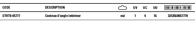 Code,Description, ,UV,UC,UU, ,STHT0-05777,Couteau d'angle intérieur,oui,1,4,16,3253560057770