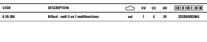 Code,Description, ,UV,UC,UU, ,0-28-206,Riflard - outil 5 en 1 multifonctions,oui,1,6,24,3253560282066