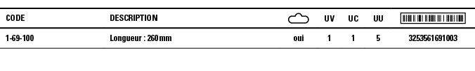 Code,Description, ,UV,UC,UU, ,1-69-100,Longueur : 260 mm,oui,1,1,5,3253561691003