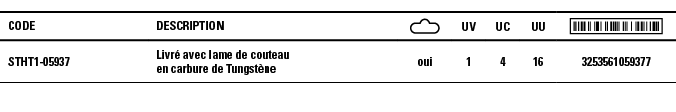 Code,Description, ,UV,UC,UU, ,STHT1-05937,Livré avec lame de couteau en carbure de Tungstène,oui,1,4,16,3253561059377